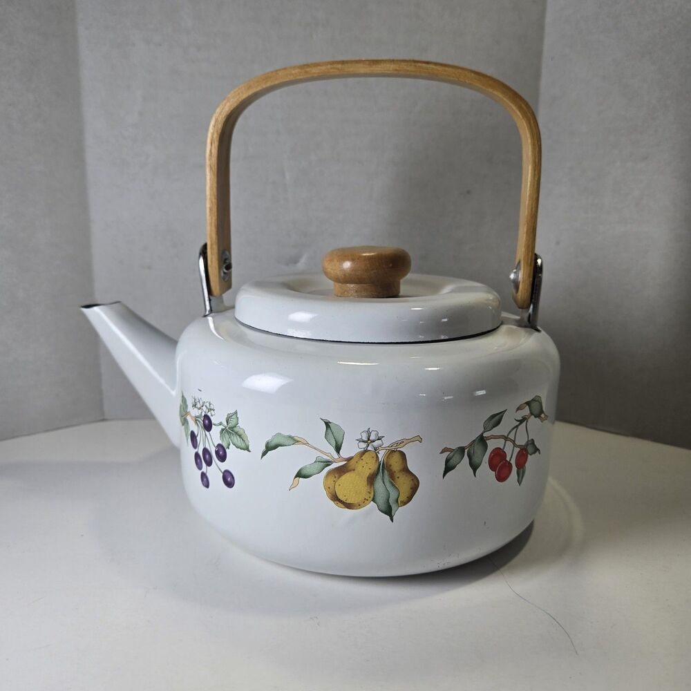 Vtg Tabletops Unlimited DULCIE Enamel Tea Kettle Fruit Pattern Wood Handle 2.3qt